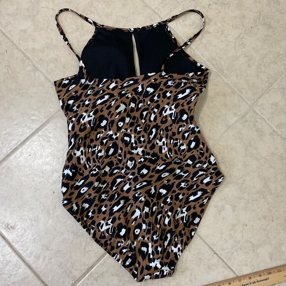 Ellen Tracy One Piece Swimsuit Leopard Print Size 14 Keyhole High Neck Halter - Picture 4 of 6
